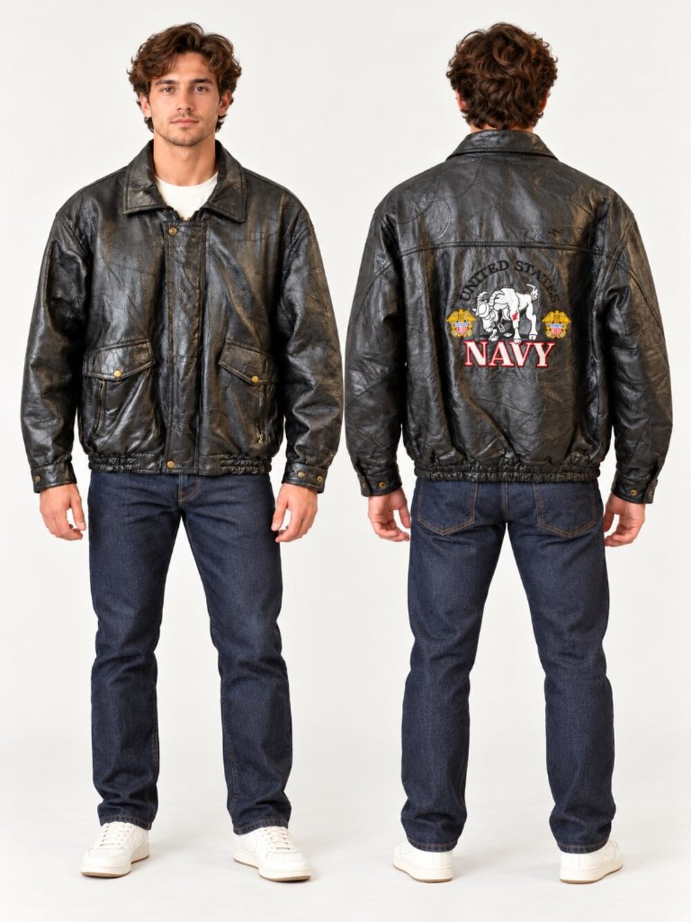 Vintage 90s USA Navy Bomber Jacket Mens L Leather Aviator Military Embroidery